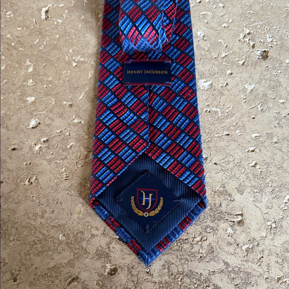 Classic Henry Jacobson Red & Blue Patterned Tie 100% Silk Handmade
